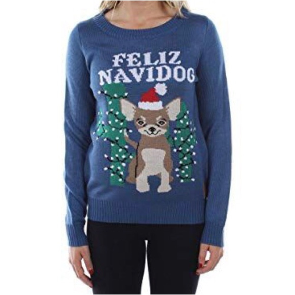 NWT TIPSY ELVES FELIZ NAVIDOG HOLIDAY CHRISTMAS SWEATER BLUE SIZE SMALL